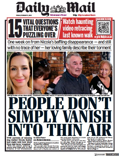 Daily Mail Newspaper Front Page (UK) for 3 February 2023