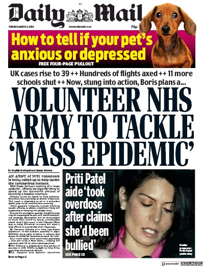 Daily Mail Newspaper Front Page (UK) for 3 March 2020