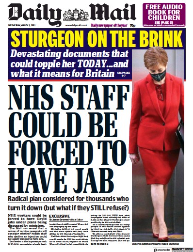 Daily Mail Newspaper Front Page (UK) for 3 March 2021