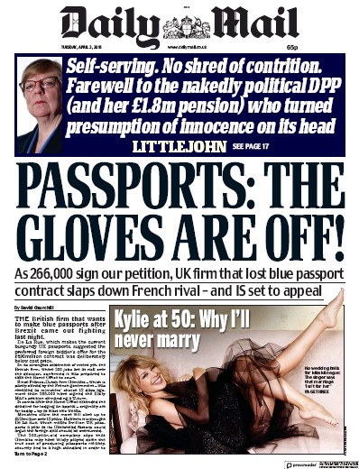 Daily Mail Newspaper Front Page (UK) for 3 April 2018