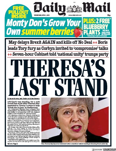 Daily Mail Newspaper Front Page (UK) for 3 April 2019