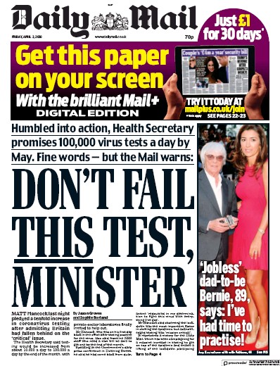 Daily Mail Newspaper Front Page (UK) for 3 April 2020
