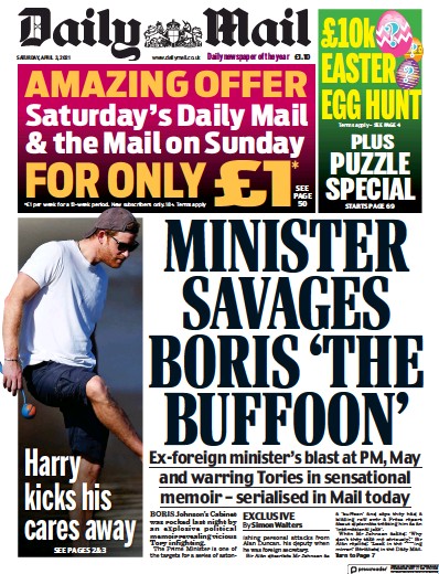 Daily Mail Newspaper Front Page (UK) for 3 April 2021