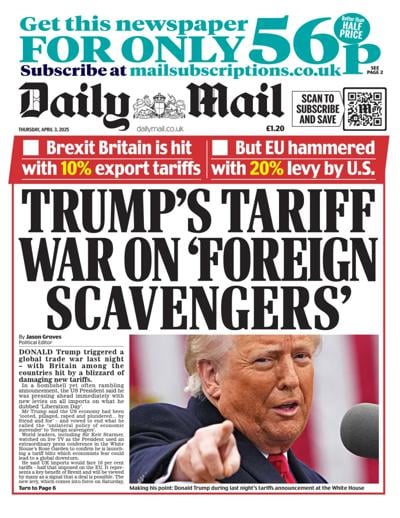 Daily Mail Newspaper Front Page (UK) for 3 April 2025