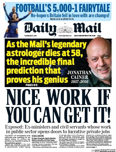 Daily Mail Newspaper Front Page (UK) for 3 May 2016