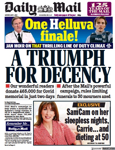Daily Mail Newspaper Front Page (UK) for 3 May 2021