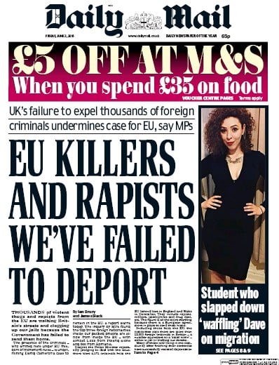 Daily Mail Newspaper Front Page (UK) for 3 June 2016