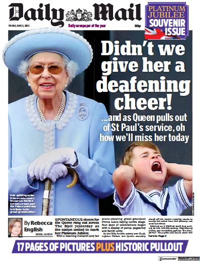 Daily Mail Newspaper Front Page (UK) for 3 June 2022