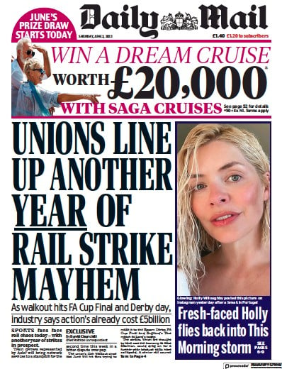 Daily Mail Newspaper Front Page (UK) for 3 June 2023