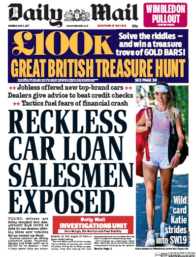 Daily Mail Newspaper Front Page (UK) for 3 July 2017