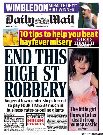 Daily Mail Newspaper Front Page (UK) for 3 July 2018