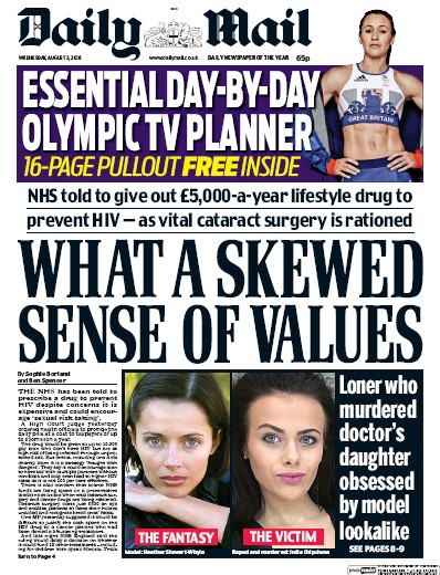 Daily Mail Newspaper Front Page (UK) for 3 August 2016