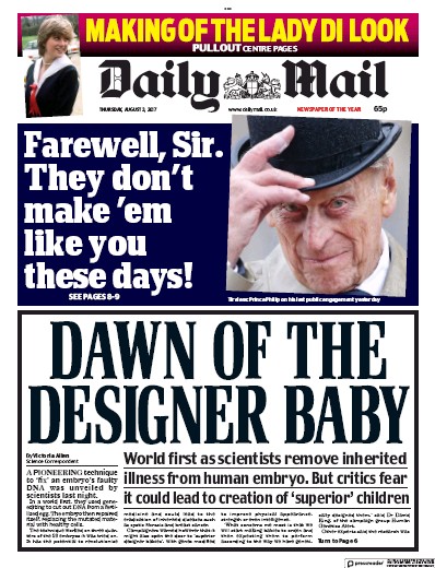 Daily Mail Newspaper Front Page (UK) for 3 August 2017