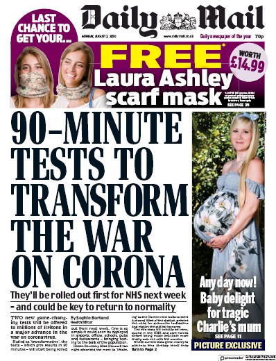 Daily Mail Newspaper Front Page (UK) for 3 August 2020