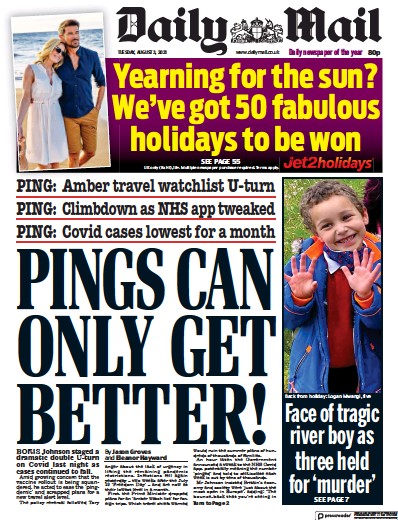 Daily Mail Newspaper Front Page (UK) for 3 August 2021