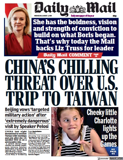 Daily Mail Newspaper Front Page (UK) for 3 August 2022
