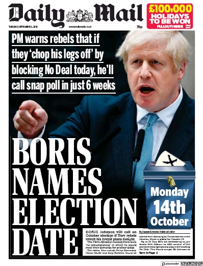 Daily Mail Newspaper Front Page (UK) for 3 September 2019