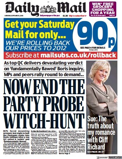 Daily Mail Newspaper Front Page (UK) for 3 September 2022
