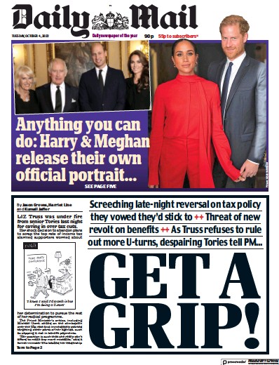 Daily Mail Newspaper Front Page (UK) for 4 October 2022