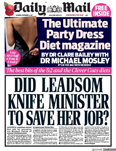 Daily Mail Newspaper Front Page (UK) for 4 November 2017