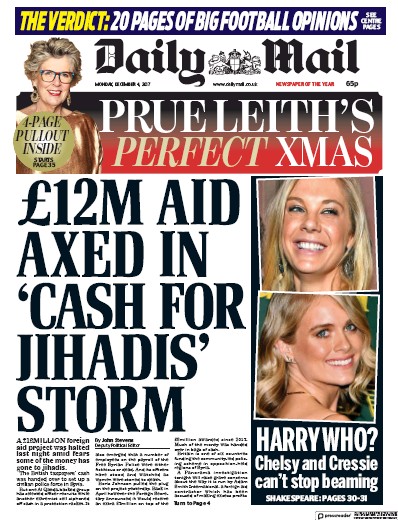 Daily Mail Newspaper Front Page (UK) for 4 December 2017