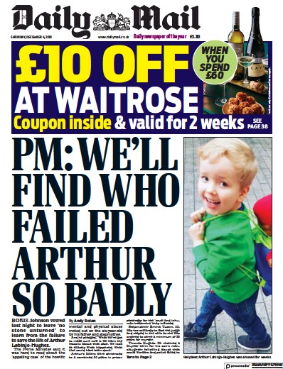 Daily Mail Newspaper Front Page (UK) for 4 December 2021