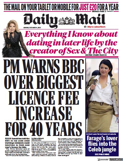 Daily Mail Newspaper Front Page (UK) for 4 December 2023
