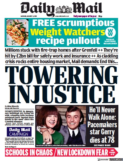 Daily Mail Newspaper Front Page (UK) for 4 January 2021