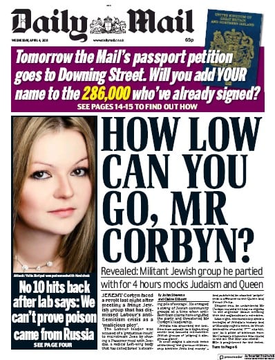 Daily Mail Newspaper Front Page (UK) for 4 April 2018