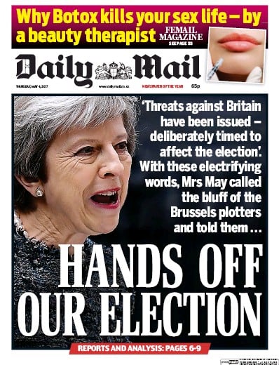 Daily Mail Newspaper Front Page (UK) for 4 May 2017
