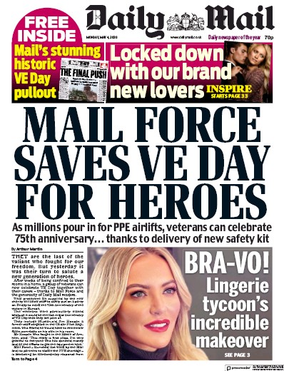 Daily Mail Newspaper Front Page (UK) for 4 May 2020