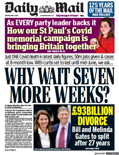 Daily Mail Newspaper Front Page (UK) for 4 May 2021