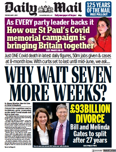 Daily Mail Newspaper Front Page (UK) for 4 May 2021