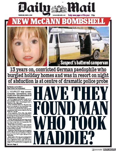 Daily Mail Newspaper Front Page (UK) for 4 June 2020