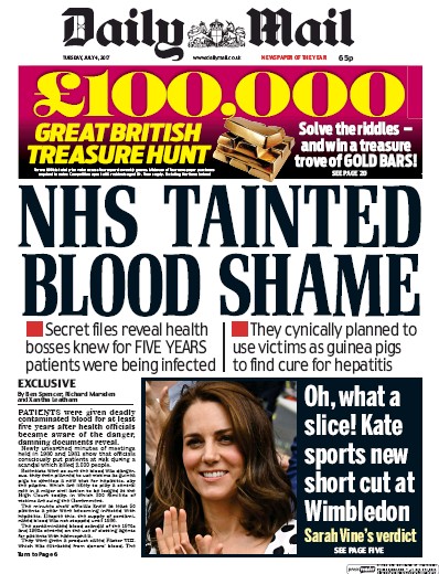 Daily Mail Newspaper Front Page (UK) for 4 July 2017