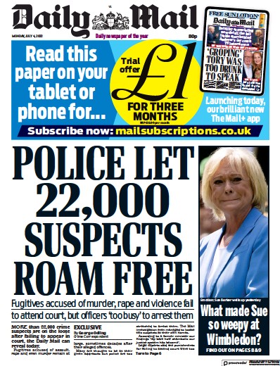 Daily Mail Newspaper Front Page (UK) for 4 July 2022