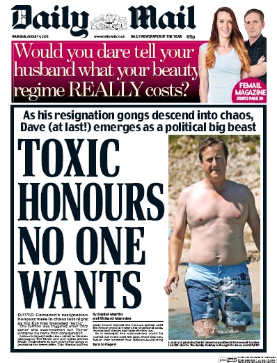 Daily Mail Newspaper Front Page (UK) for 4 August 2016