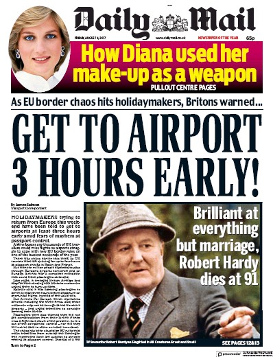 Daily Mail Newspaper Front Page (UK) for 4 August 2017