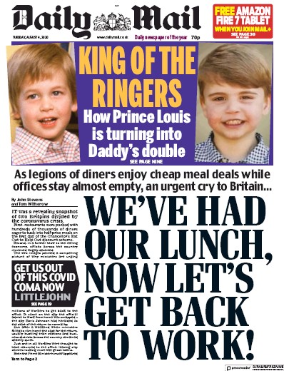 Daily Mail Newspaper Front Page (UK) for 4 August 2020