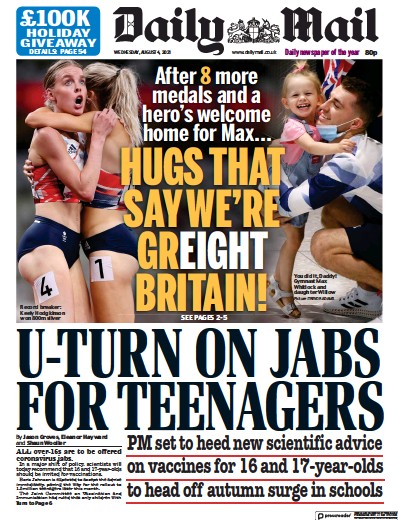 Daily Mail Newspaper Front Page (UK) for 4 August 2021