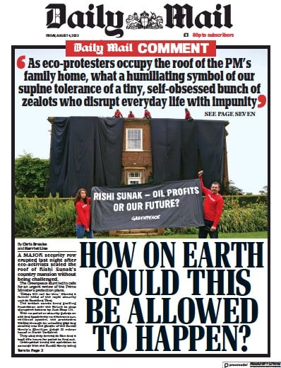 Daily Mail Newspaper Front Page (UK) for 4 August 2023