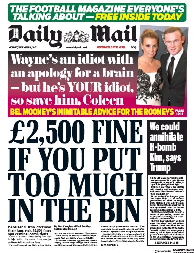 Daily Mail Newspaper Front Page (UK) for 4 September 2017