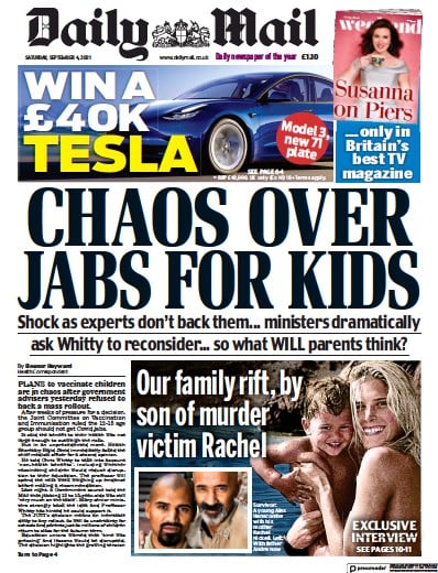 Daily Mail Newspaper Front Page (UK) for 4 September 2021