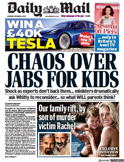 Daily Mail Newspaper Front Page (UK) for 4 September 2021