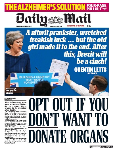 Daily Mail Newspaper Front Page (UK) for 5 October 2017