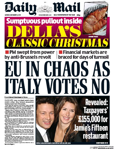 Daily Mail Newspaper Front Page (UK) for 5 December 2016