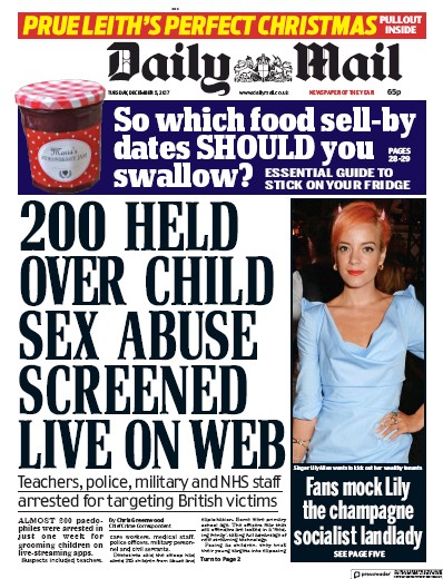 Daily Mail Newspaper Front Page (UK) for 5 December 2017
