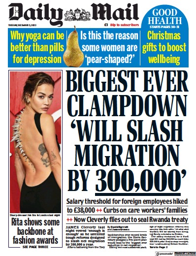 Daily Mail Newspaper Front Page (UK) for 5 December 2023