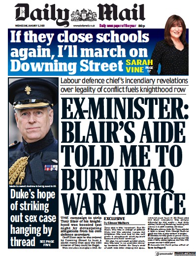 Daily Mail Newspaper Front Page (UK) for 5 January 2022