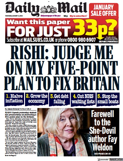 Daily Mail Newspaper Front Page (UK) for 5 January 2023